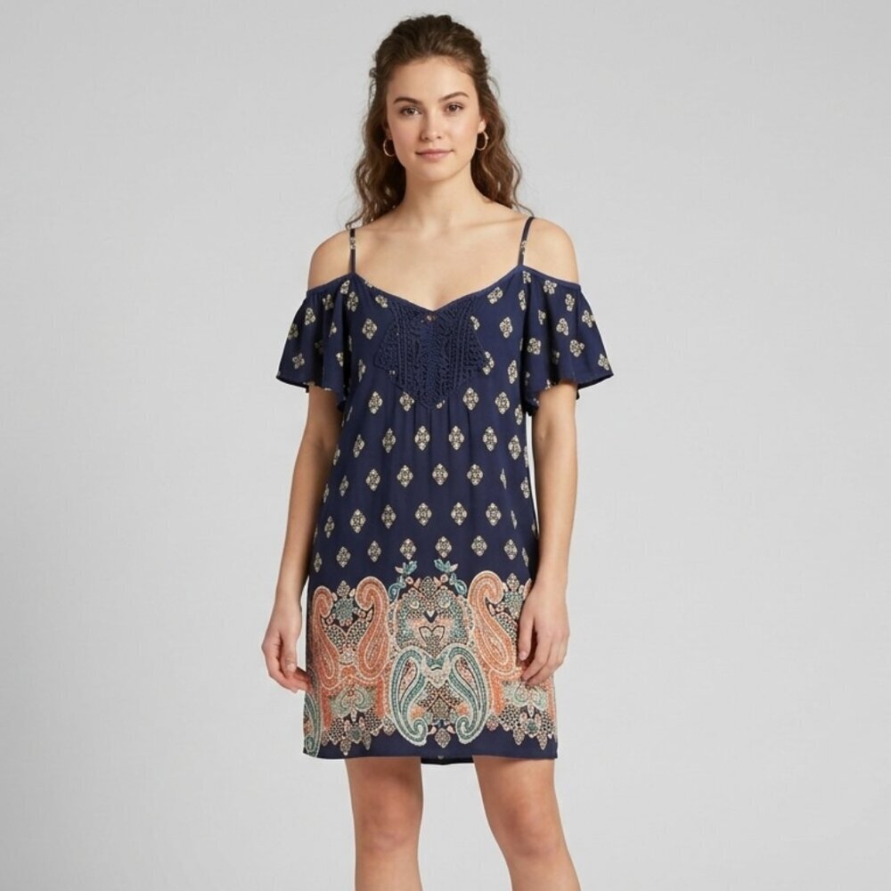 Band Of Gypsies Navy And Orange Paisley 100% Rayon Dress